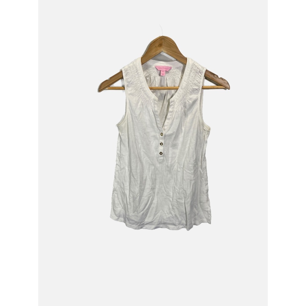 Lilly Pulitzer Tank Top Womens XS White Smocked V-Neck Cotton Preppy Casual